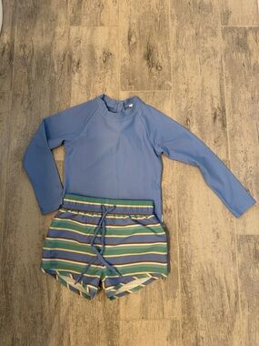 Minnow Long-Sleeve Light Blue Kids Rash Guard Set with Striped Swim Shorts